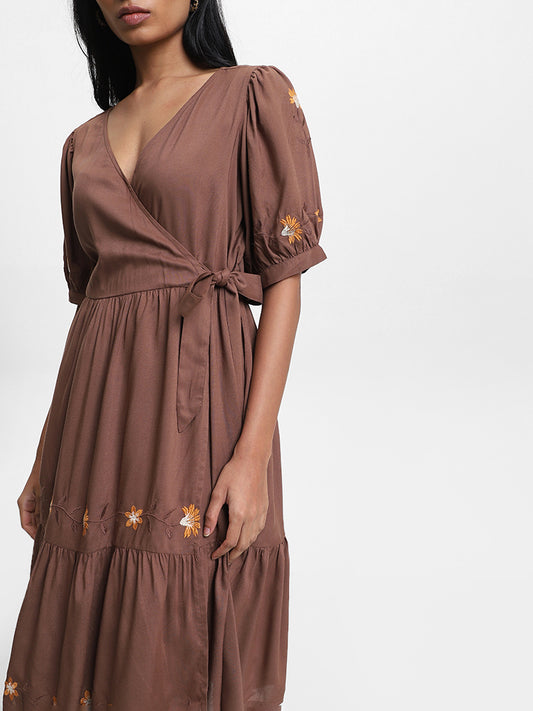 LOV Embroidered Chocolate-Colored Dress