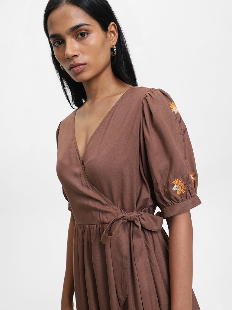 LOV Embroidered Chocolate-Colored Dress
