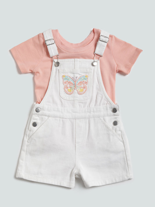 HOP Kids Printed Ecru Dungaree with T-Shirt