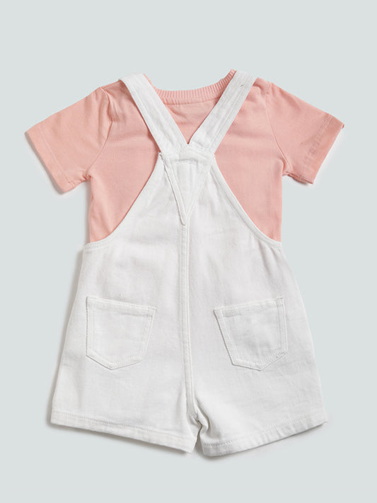HOP Kids Printed Ecru Dungaree with T-Shirt