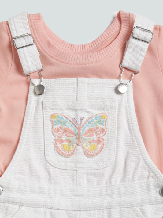 HOP Kids Printed Ecru Dungaree with T-Shirt