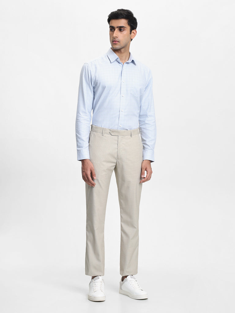 WES Formals Dobby Beige Relaxed-Fit Mid-Rise Trousers