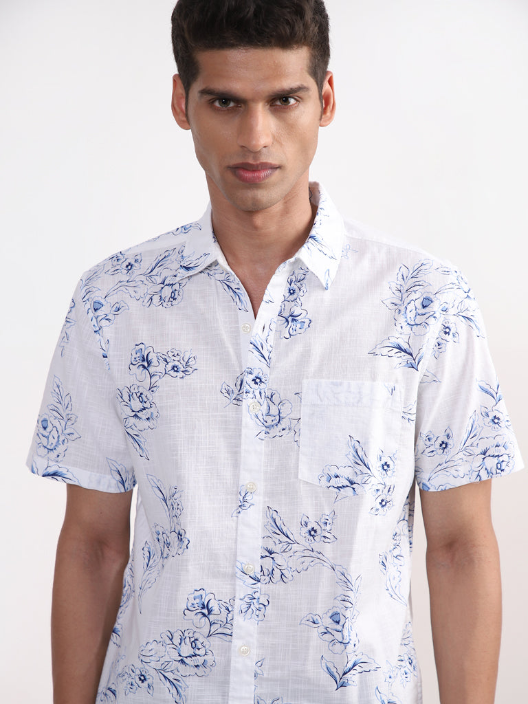 WES Casuals White Floral Printed Slim - Fit Shirt
