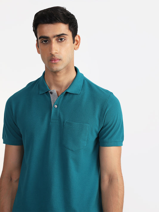WES Casuals Solid Teal-Colored Slim Fit T-Shirt