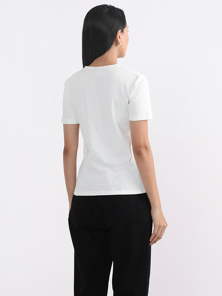 LOV Off-White Self-Striped T-Shirt