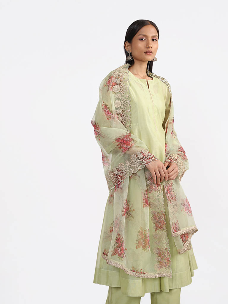 Roohme Light Green Georgette Mirror Work Kurti