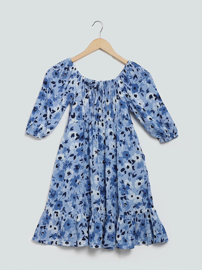 Y&F Kids Blue Floral Printed Erica Dress