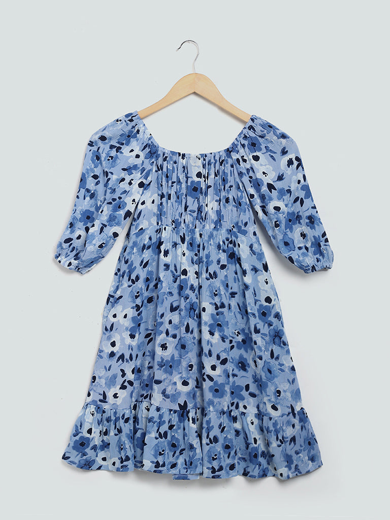 Y&F Kids Blue Floral Printed Erica Dress