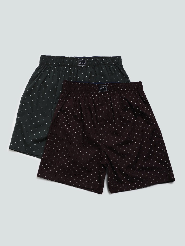 WES Lounge & Innerwear Printed Wine-Colored Boxers Shorts - Pack of 2