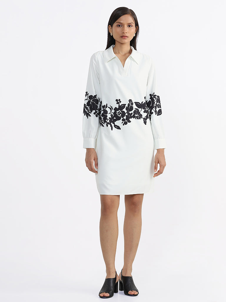 Wardrobe Black Floral Printed White Dress