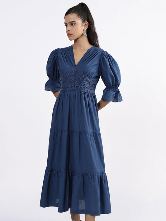 Bombay Paisley Solid Indigo Tiered Dress