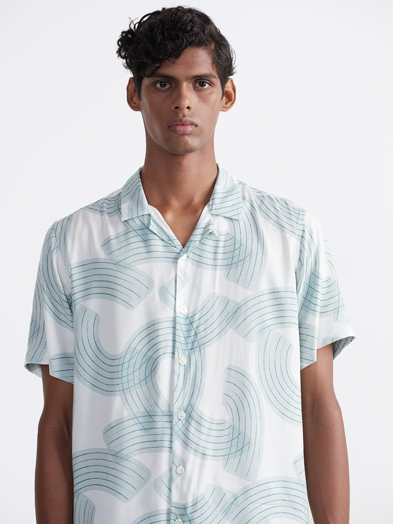 Nuon - Mens Printed Sage-Colored Relaxed Fit Shirt