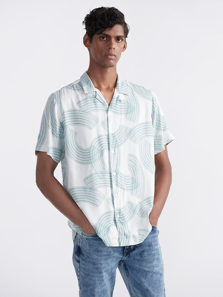 Nuon - Mens Printed Sage-Colored Relaxed Fit Shirt