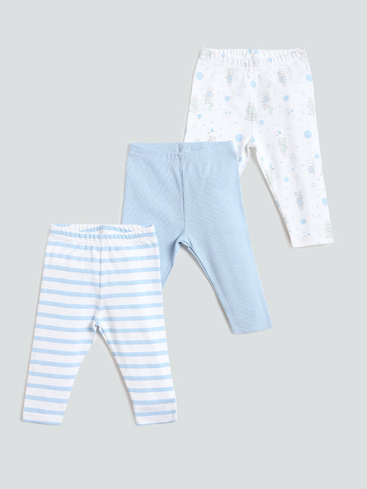 HOP Baby Printed Blue Leggings - Pack of 3