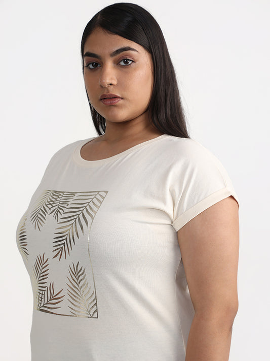 Gia Curves Cream Leaf Printed T-Shirt