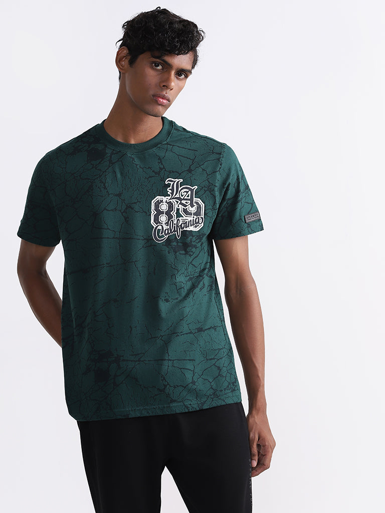Studiofit Printed Emerald Green Relaxed Fit T-Shirt