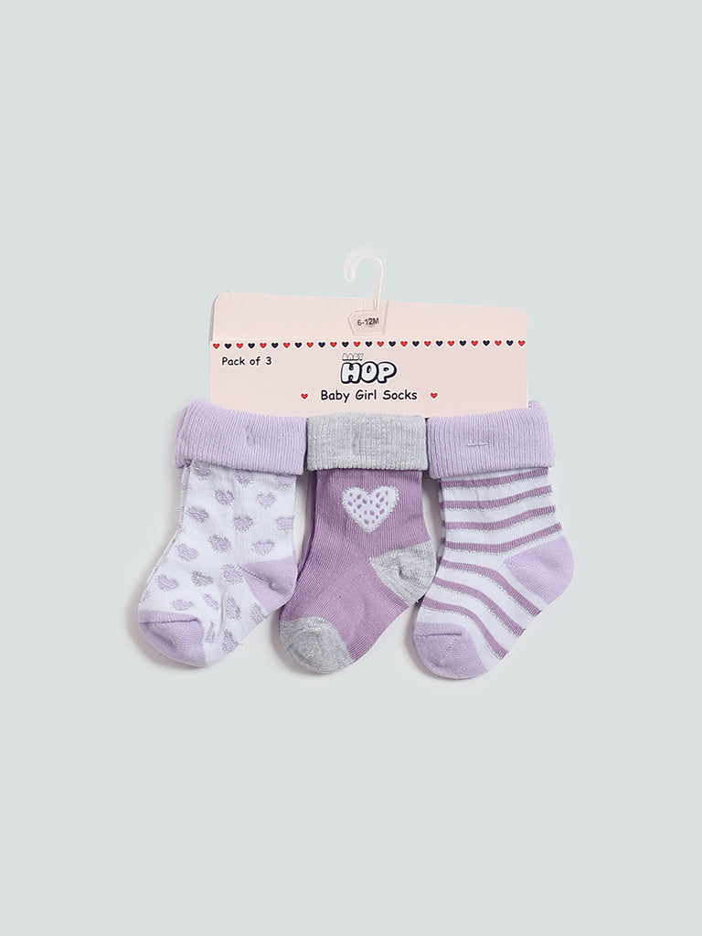 HOP Baby Lilac-Colored Heart & Striped Socks - 3 Pairs